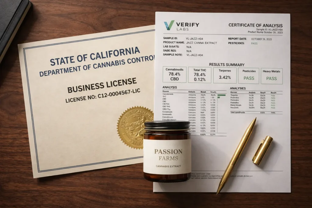 California THCA flower from a licensed farm with lab testing COA and Proposition 64 legal compliance badge