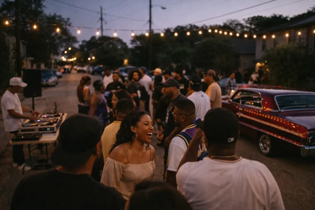 Houston 420 events 2026 guide — downtown Houston skyline at sunset with cannabis leaf graphic and event calendar