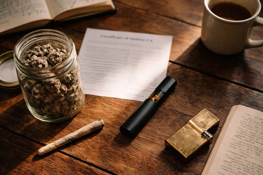 THCP vs THCA comparison: top-shelf THCA flower jar next to THCP 2g disposable on a grower's tray, Passion Farms.