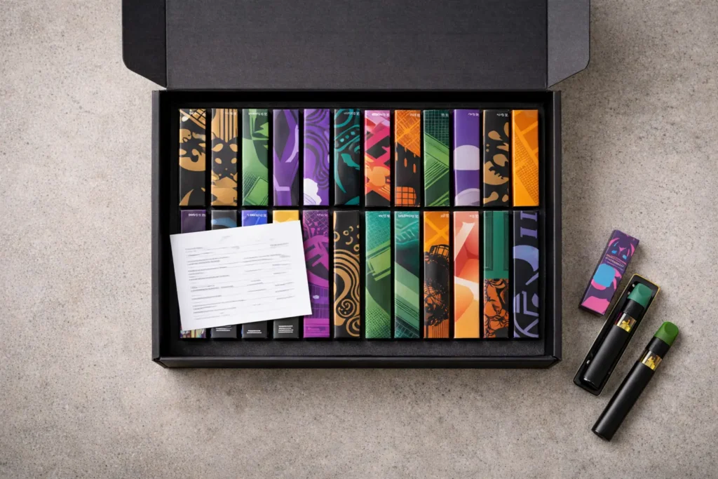 Wholesale THCA disposable vapes in bulk packaging with COA documents on a warehouse table