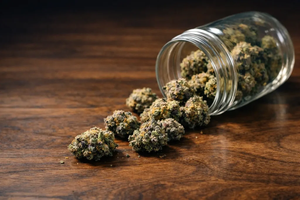 Close-up of THCA small buds from Passion Farms farm-direct harvest, trichome-coated popcorn flower in glass jar